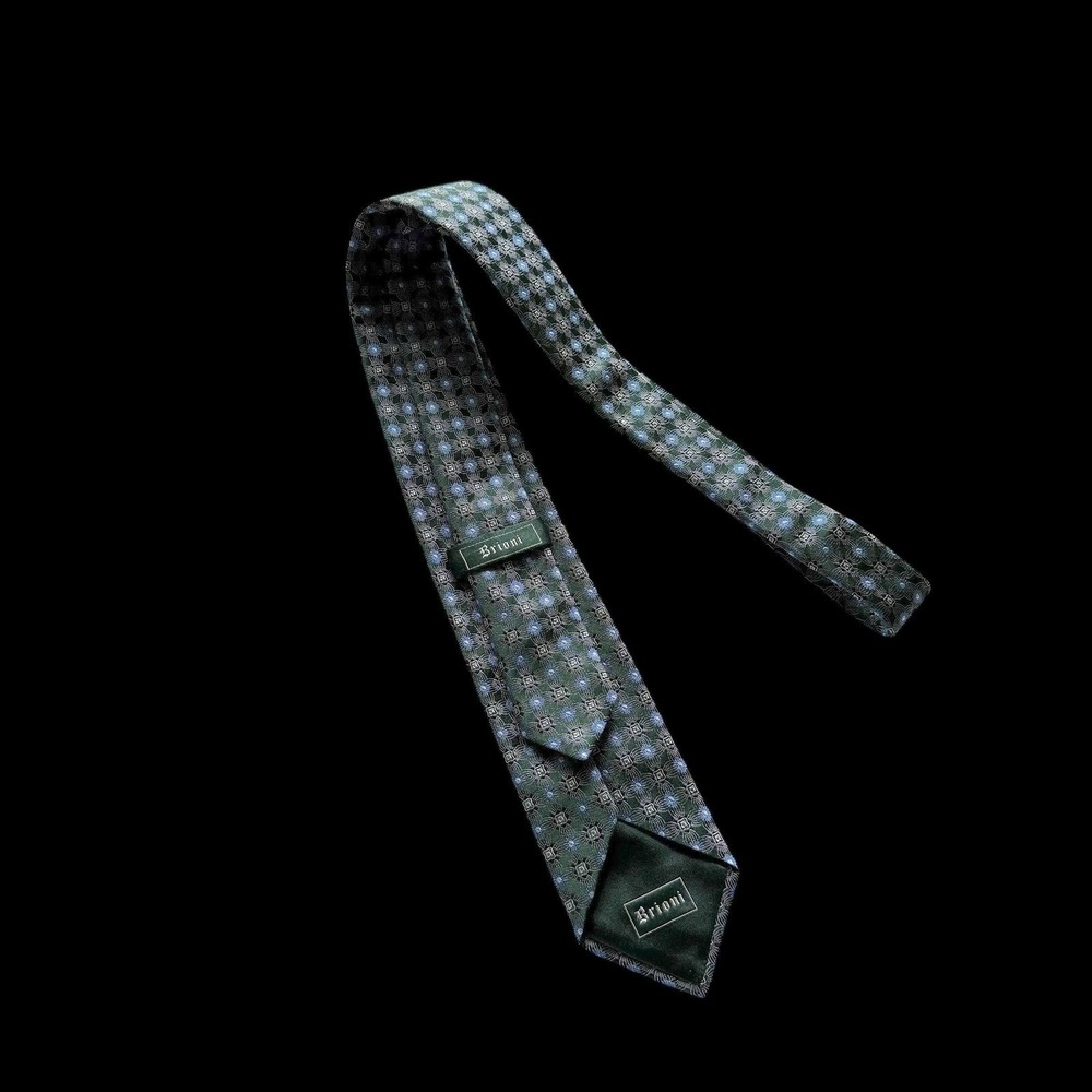 Brioni Silk Tie Dark Green Blue Geometric Floral Medallion Made in Italy